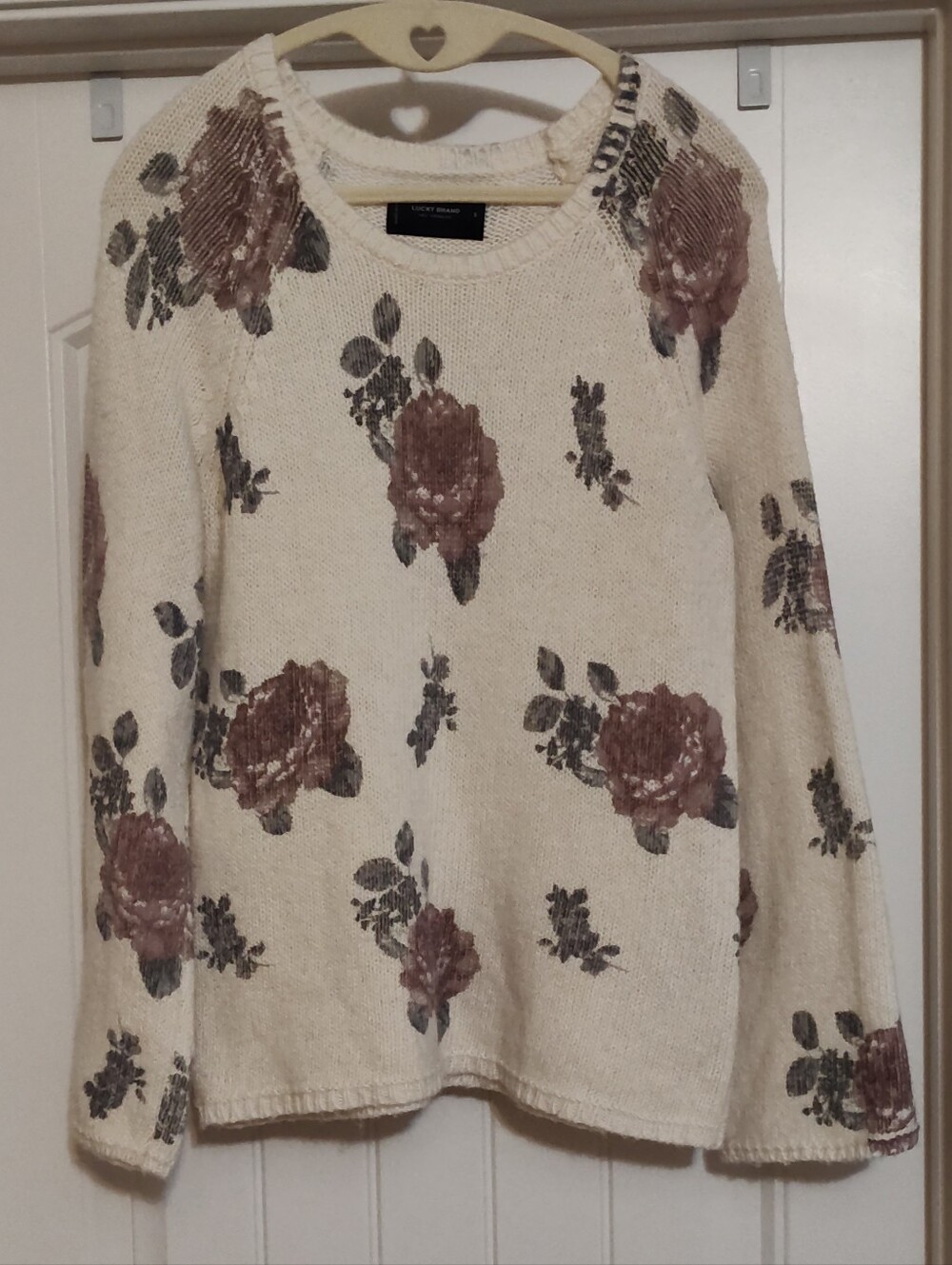 Lucky Brand Floral Crewneck Sweater in Cream with Rose Print S